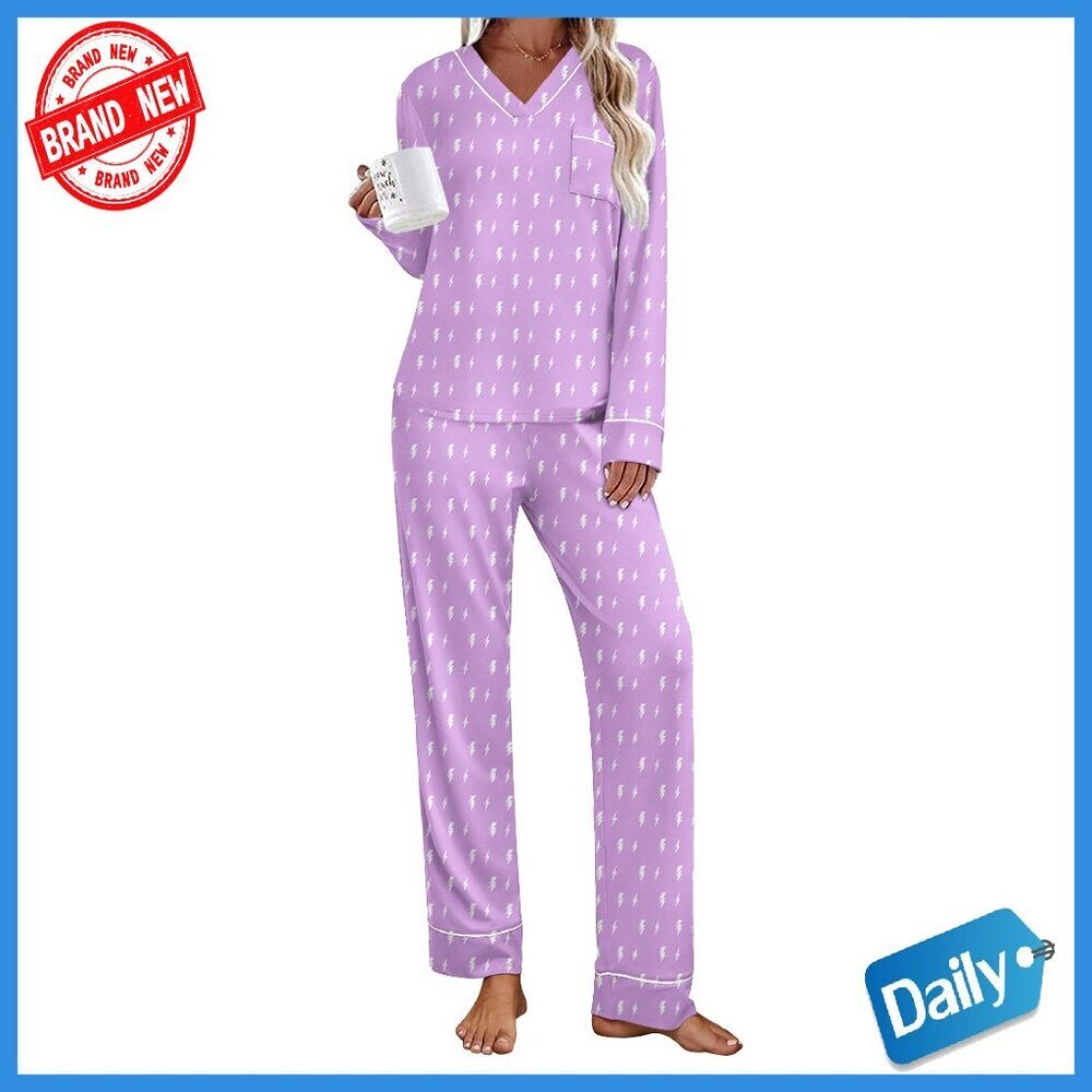 Soft Long Sleeve V-Neck Pajama Set with Pockets - 2 Piece Comfy Loungewear